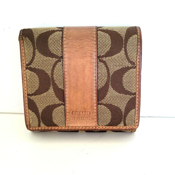 Coach Wallet Brown Signature Card Holder Bill Medium Bifold Compact Tan Red - Picture 1 of 11